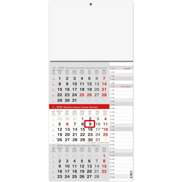 "Poslovni SIVO CRVENI planer" trodjelni kalendar, 12 list., dim: 29,5x62cm, PVC vrećica, pokazivač, P/50