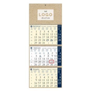 Kalendar trodjelni sirio EKO TAMNO PLAVI, 3 dijela spirala (3x12 l) 25x65cm, pok, vrećica (reciklirani papir), P/50