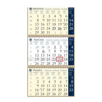 Kalendar trodjelni sirio EKO TAMNO PLAVI, 3 dijela spirala (3x12 l) 25x65cm, pok, vrećica (reciklirani papir), P/50 "NZ"