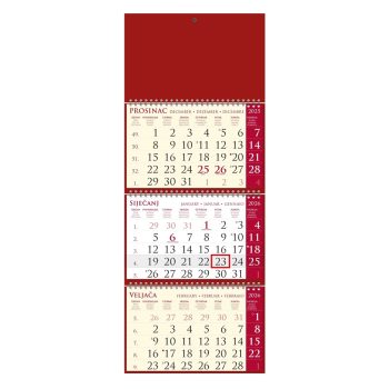 "Poslovni SIRIO cherry" trodjelni kalendar, 3x12 list., dim:25x65cm, vrećica, pokazivač, P/50