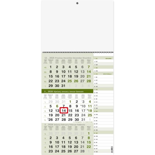 "Poslovni ZELENI PLANER" trodjelni kalendar, 12 list., dim: 29,5x62cm, PVC vrećica, pokazivač, P/50