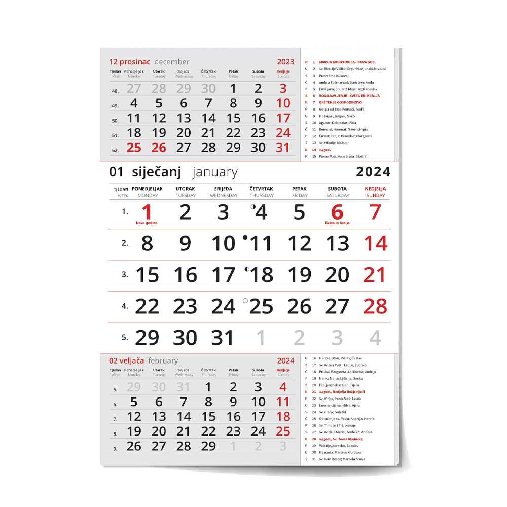"Poslovni CRVENI S KATOLIČKIM KALENDAROM" neuvezani trodjelni kalendar, 12 list., dim: 29,5x62cm, PVC vrećica, pokazivač, P/50 NZ - Slika 2