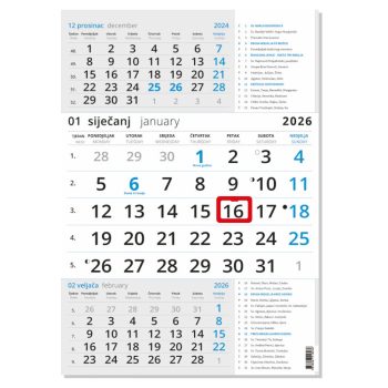 "Poslovni PLAVI S KATOLIČKIM KALENDAROM" neuvezani trodjelni kalendar, 12 list., dim: 29,5x62cm, PVC vrećica, pokazivač, P/50 NZ