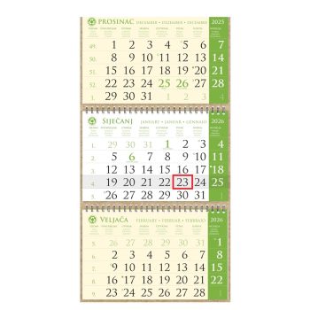 Kalendar trodjelni sirio EKO ZELENI, 3 dijela spirala (3x12 l) 25x68cm, nad.25x17cm, pok, vrećica (reciklirani papir) "NZ"