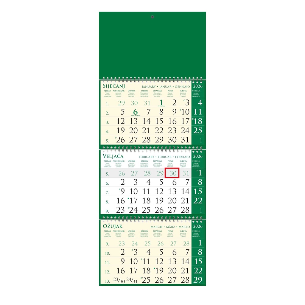 "Poslovni SIRIO Pino Verde zeleni" trodjelni kalendar, 3x12 list., dim: 25x65cm, vrećica, pokazivač, P/50