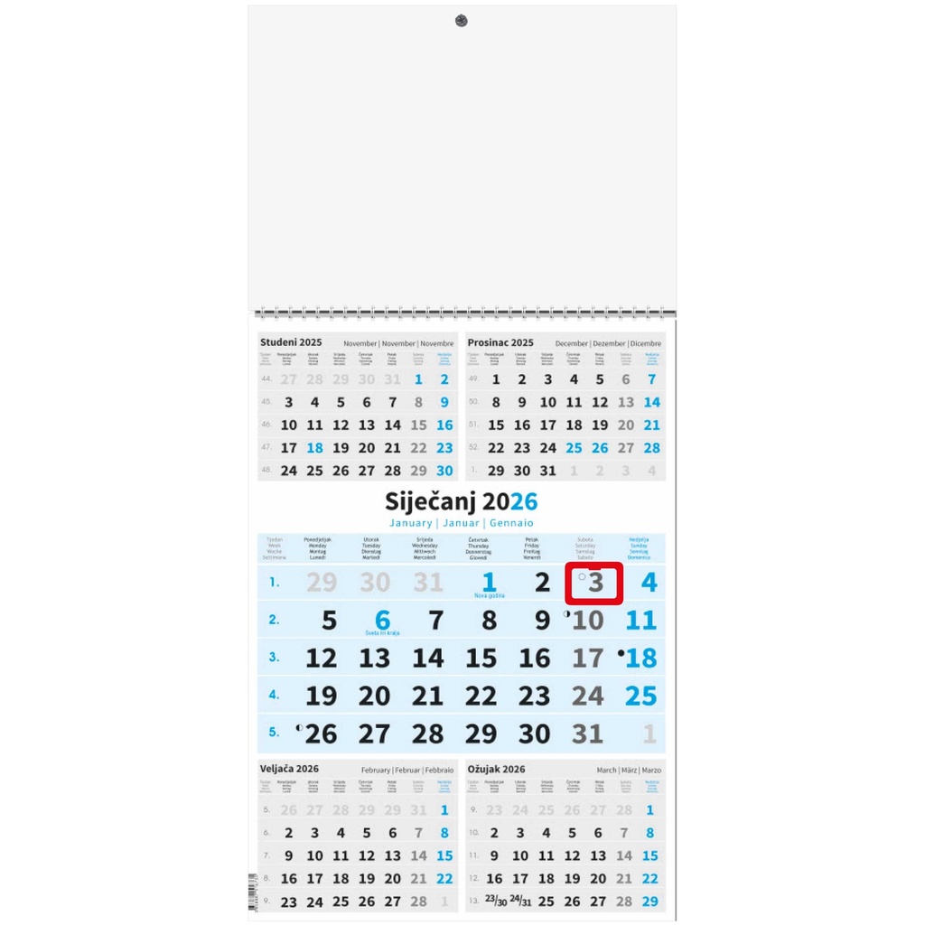" Poslovni PLAVI 5 mj." trodjelni kalendar, 12 list., dim: 29,5x62cm, PVC vrećica, pokazivač, P/50