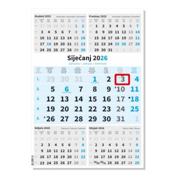"Poslovni PLAVI 5 mj" neuvezani trodijelni kalendar, 12 list., dim:29,5x42cm, PVC vrećica, pokazivač, P/50