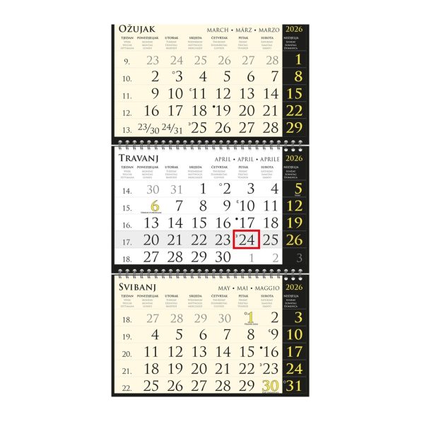 Kalendar trodjelni SIRIO "BLACK" black, spiral bound three fold (3X12sheets) 25X68cm, logo print area;25x17cm, date indicator, bag, NOT BOUND