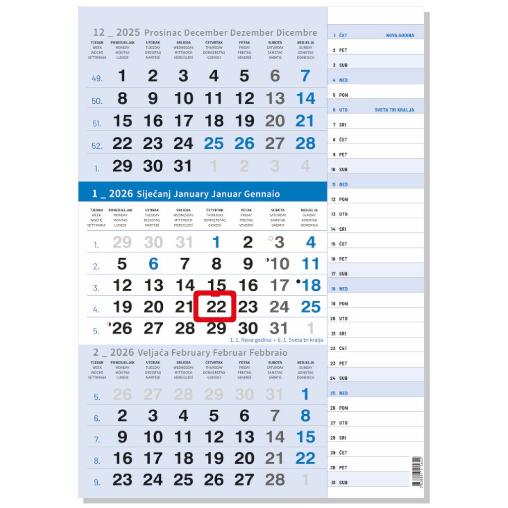 "Poslovni PLAVI PLANER" trodjelni kalendar, 12 list., dim: 29,5x62cm, neuvezani NZ PVC vrećica, pokazivač, P/50