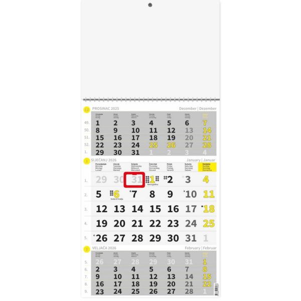 "Poslovni ŽUTO-SIVI" trodjelni kalendar, 12 list., dim:29,5x62cm, PVC vrećica, P/50