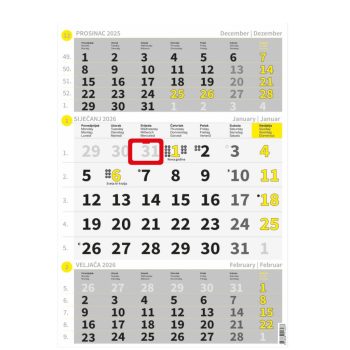 "Poslovni ŽUTO-SIVI" neuvezani trodjelni kalendar, 12 list., dim:29,5x62cm, PVC vrećica, P/60