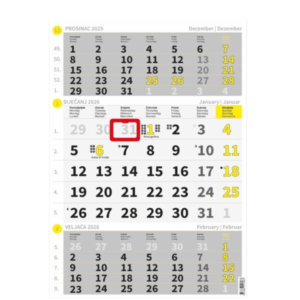 "Poslovni ŽUTO-SIVI" neuvezani trodjelni kalendar, 12 list., dim:29,5x62cm, PVC vrećica, P/60