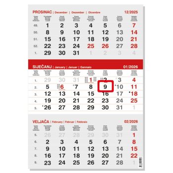 "Poslovni SIVO-CRVENI" neuvezani trodjelni kalendar, 12 list., dim: 29,5x20cm, neuvezani PVC vrećica, pokazivač, P/50