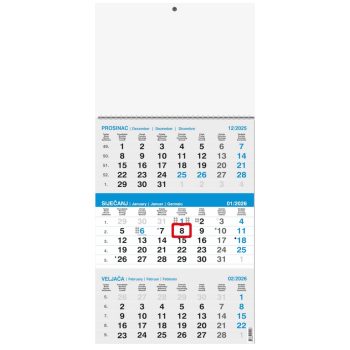 "Poslovni SIVO-PLAVI" trodjelni kalendar, 12 list., dim:29,5x62cm, PVC vrećica, pokazivač, P/50