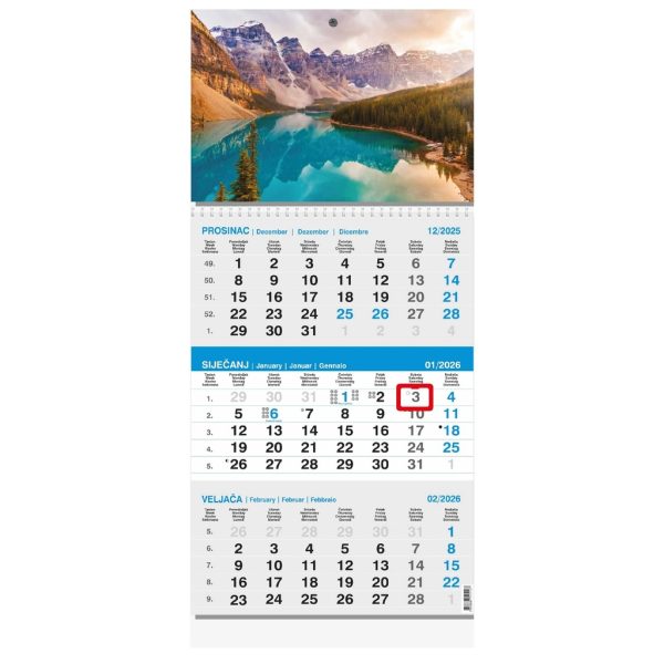 "Poslovni SIVO-PLAVI" trodjelni kalendar s fotografijom, 12 list., dim: 29,5x62cm, PVC vrećica, pokazivač, P/50